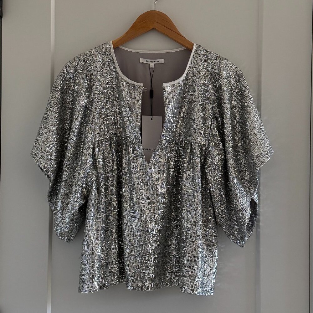NWT Emerson Fry Marion Top Silver Sequin Size M